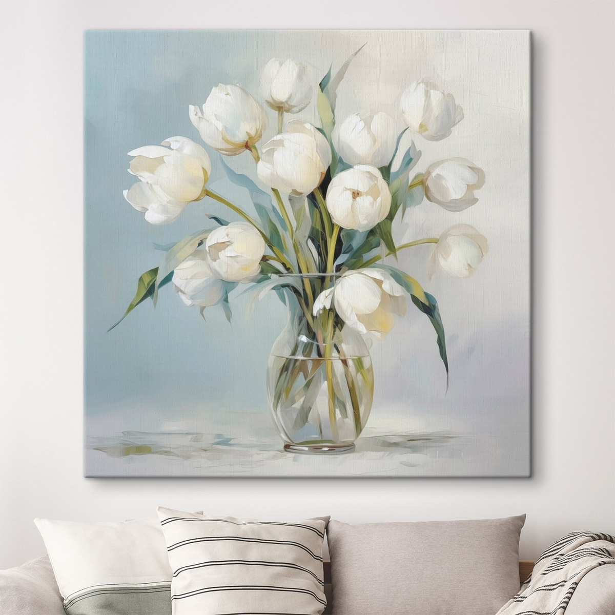Tulipánok vázában festményhatással — lakásbelső 2