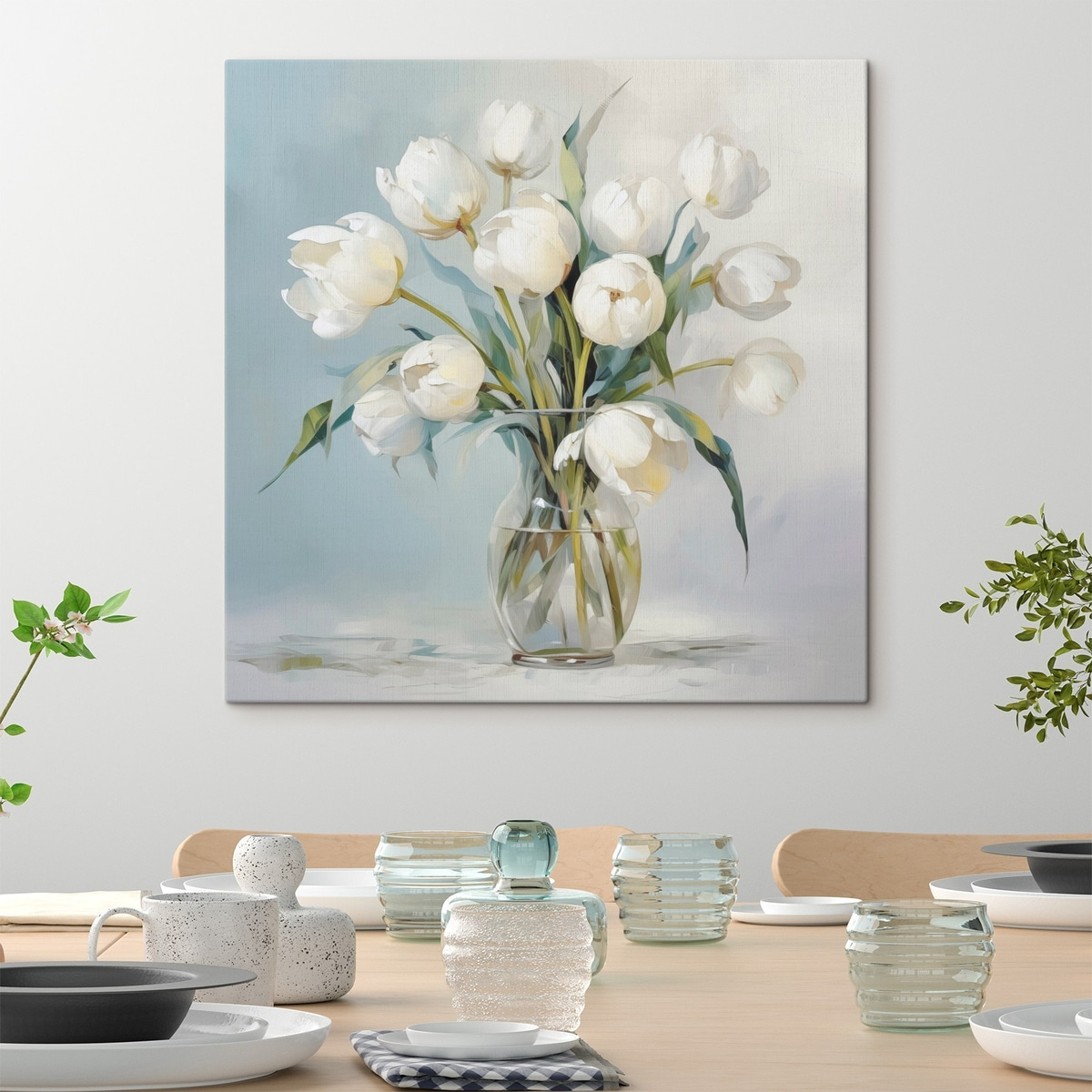 Tulipánok vázában festményhatással — lakásbelső 1