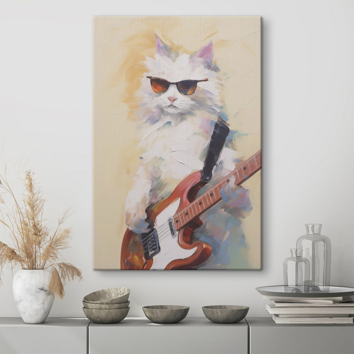 Gitáros macska festményhatással — lakásbelső 2