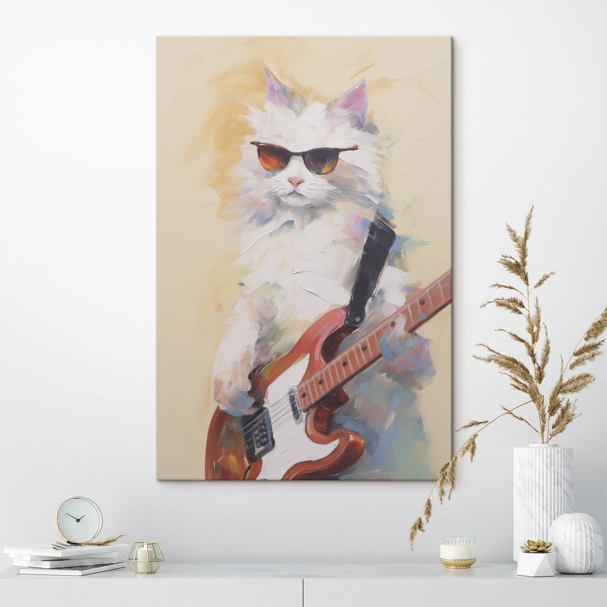 Gitáros macska festményhatással — lakásbelső 1