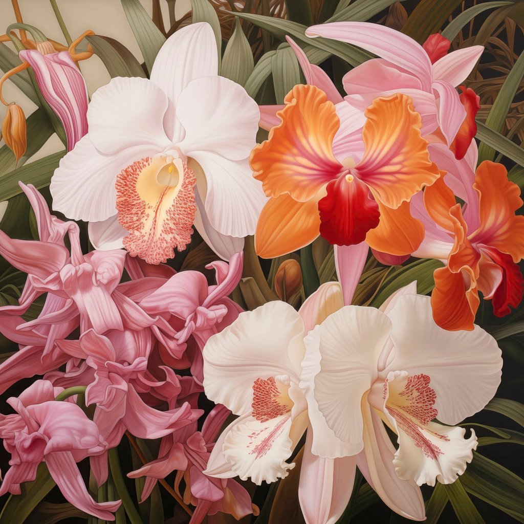 Trópusi virágok orchideákkal — teljes motívum