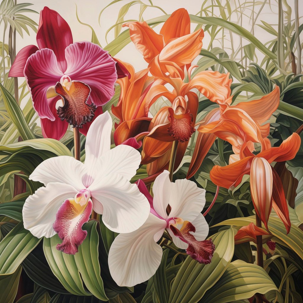 Trópusi virágok orchideákkal — teljes motívum