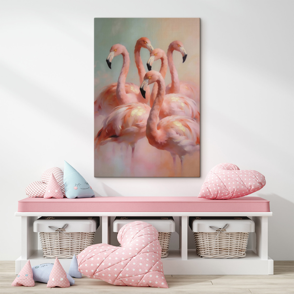 Rózsaszín flamingók pasztellben — lakásbelső 3