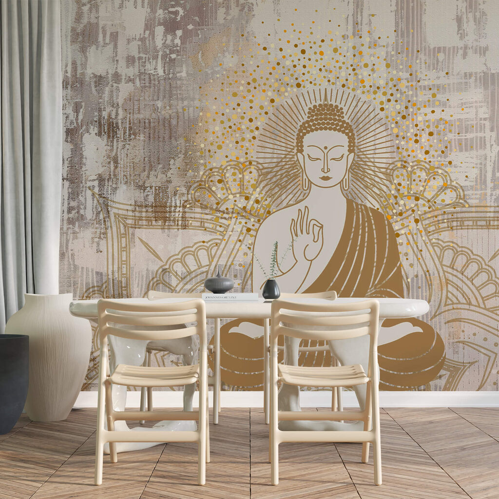 Buddha aranyvonalak között egy belső térben