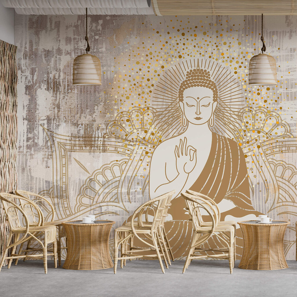 Buddha aranyvonalak között egy belső térben