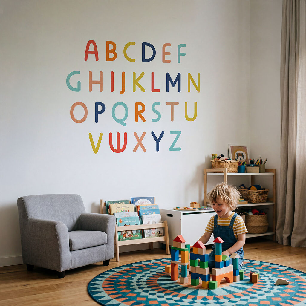Ábécé színes betűkkel egy belső térben
