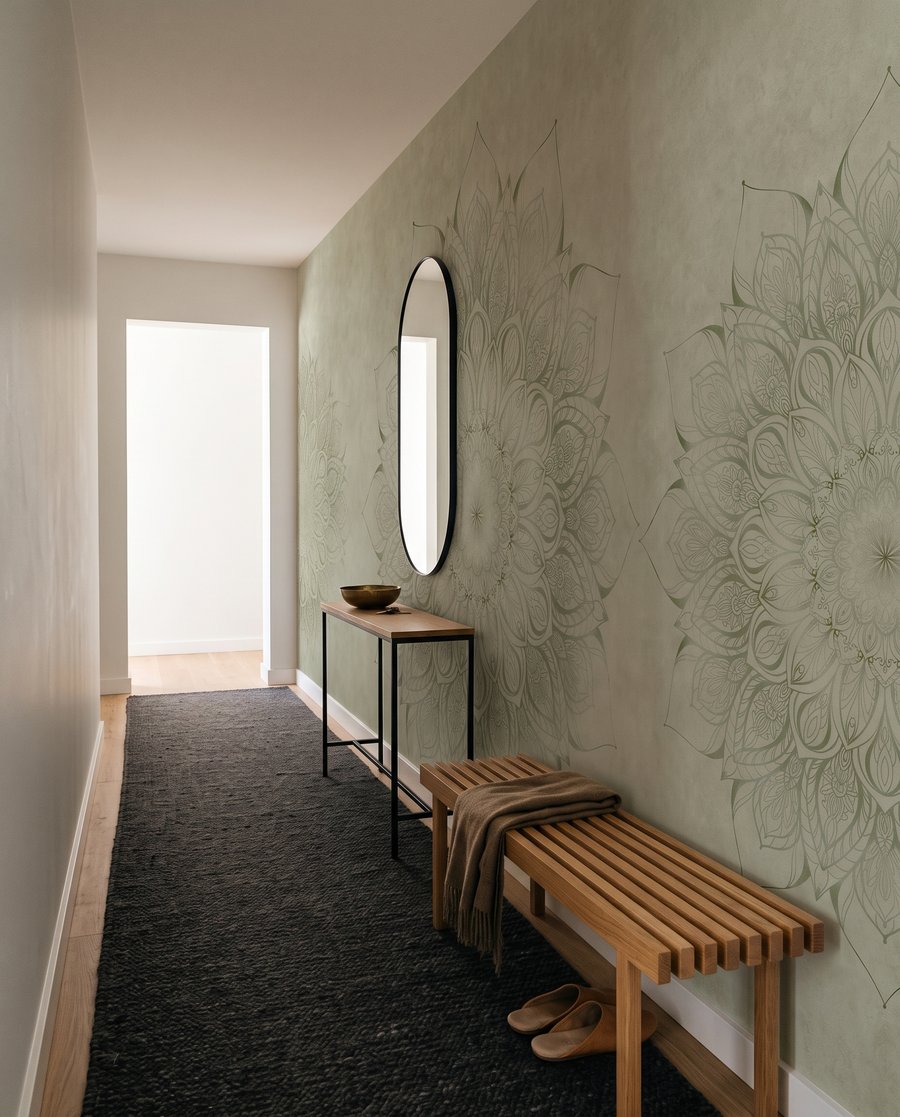 Virágmandala kopott felületen egy belső térben