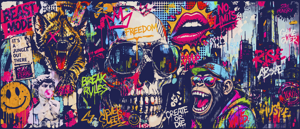 Koponya élénk graffitiben — teljes motívum