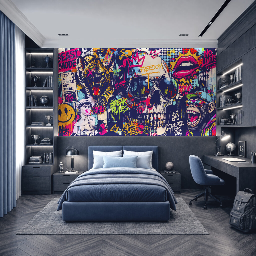 Koponya élénk graffitiben — lakásbelső 2