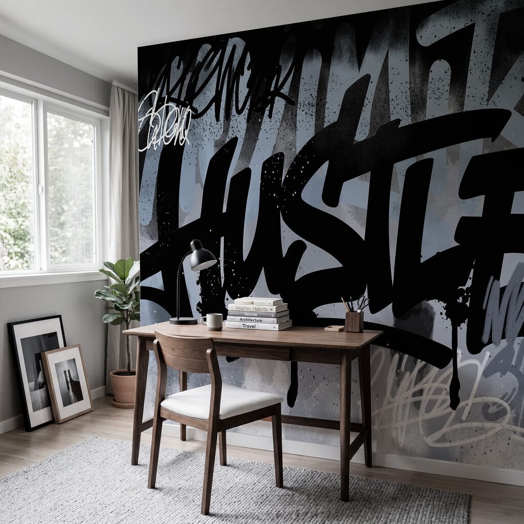 Graffitibetűk festékfoltok között — lakásbelső 2