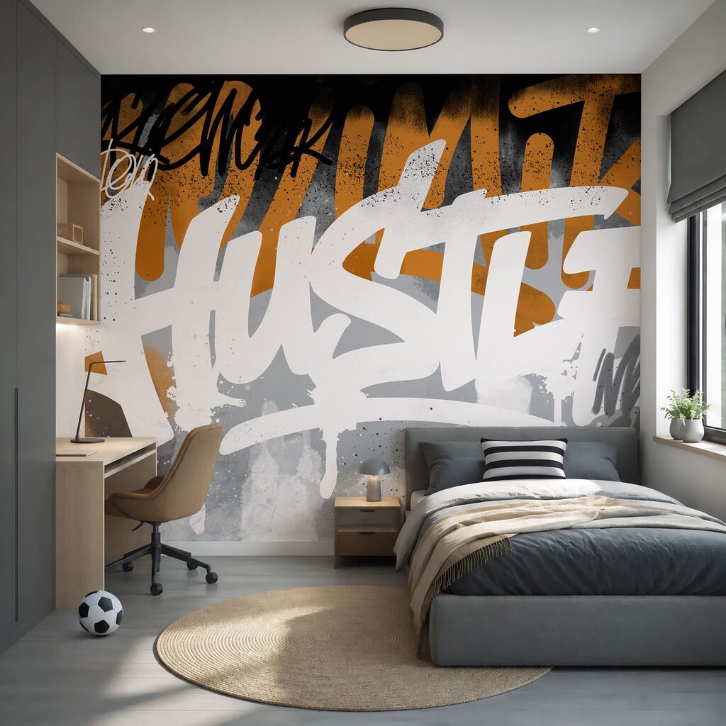 Graffitibetűk festékfoltok között — lakásbelső 1