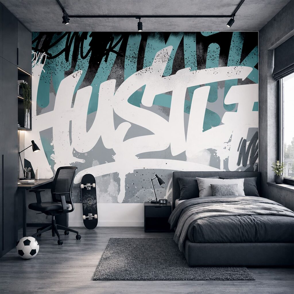 Graffitibetűk festékfoltok között — lakásbelső 2