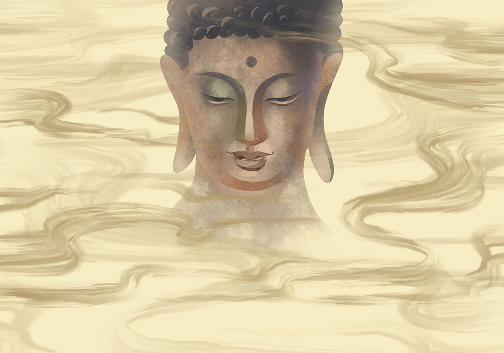 Buddha arany áramlatok között — teljes motívum