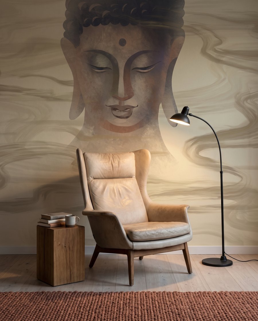 Buddha arany áramlatok között egy belső térben