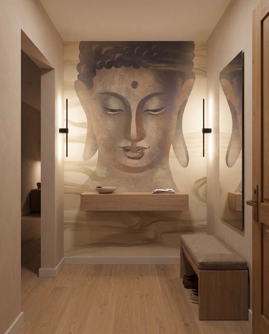 Buddha arany áramlatok között — lakásbelső 4