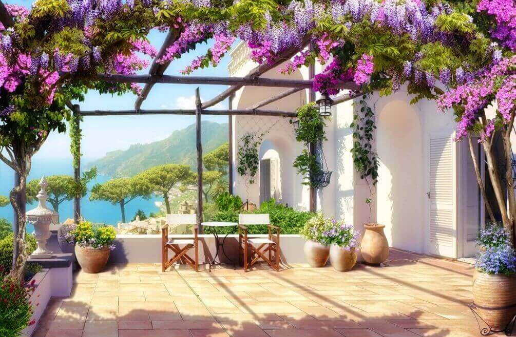 Virágzó pergola alatt — teljes motívum