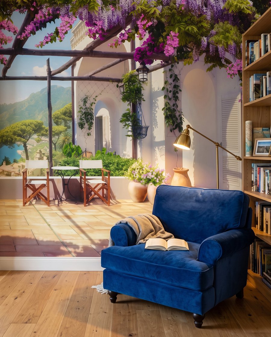 Virágzó pergola alatt egy belső térben