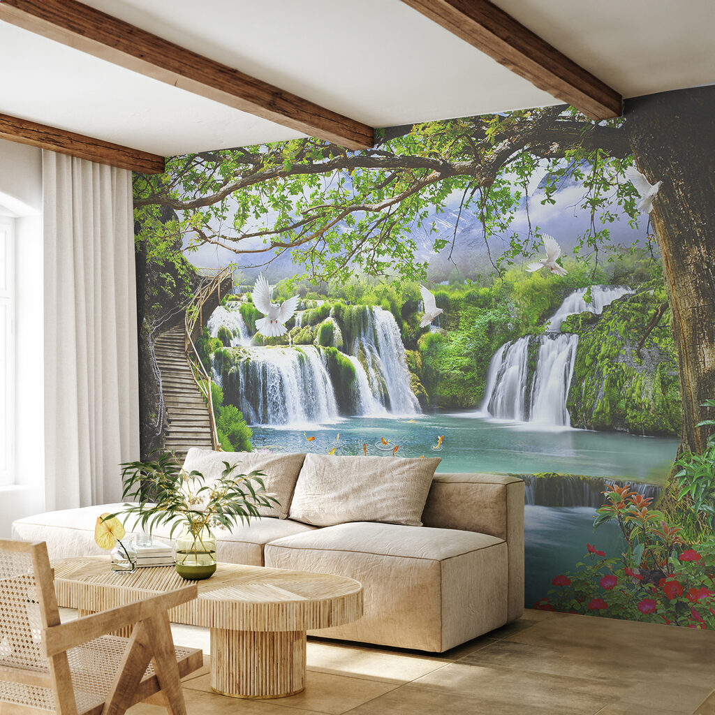 Vízesések zöld ívek mögött egy belső térben
