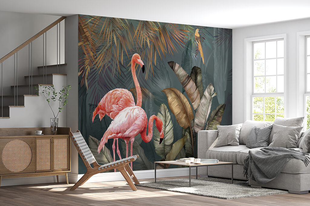 Flamingók trópusi levelek között — lakásbelső 3