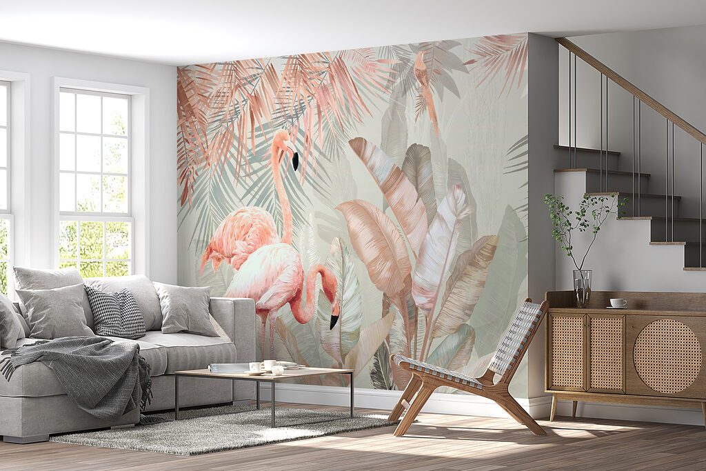 Flamingók trópusi levelek között — lakásbelső 3