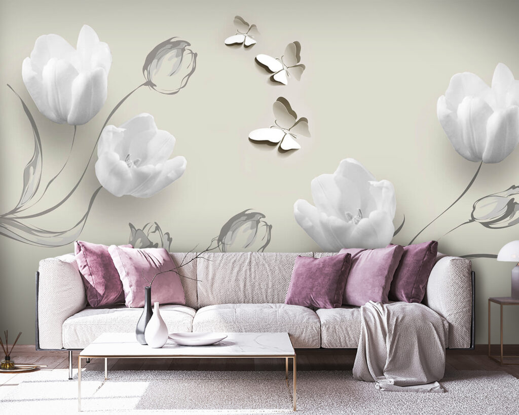 Fehér tulipánok pillangókkal — lakásbelső 3