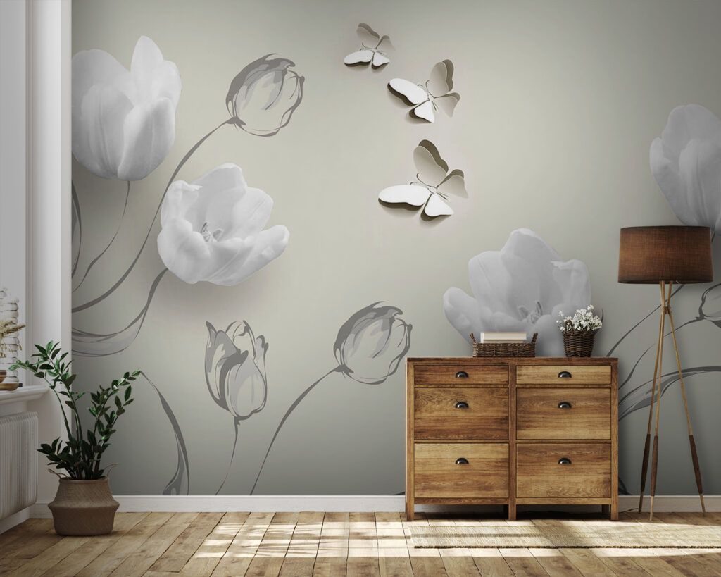Fehér tulipánok pillangókkal — lakásbelső 4