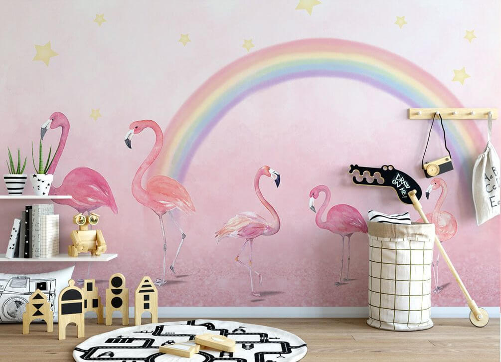 Flamingók szivárvány alatt egy belső térben
