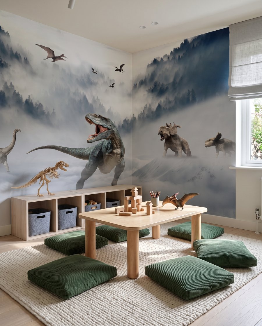 Dinoszauruszok hegyi ködben egy belső térben