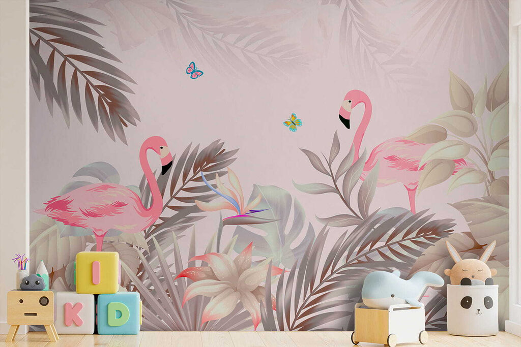 Flamingók lágy levelek között — lakásbelső 10