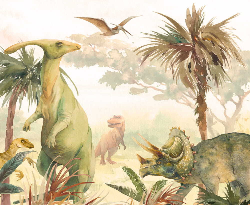 Dinoszauruszok lágy akvarellben — teljes motívum