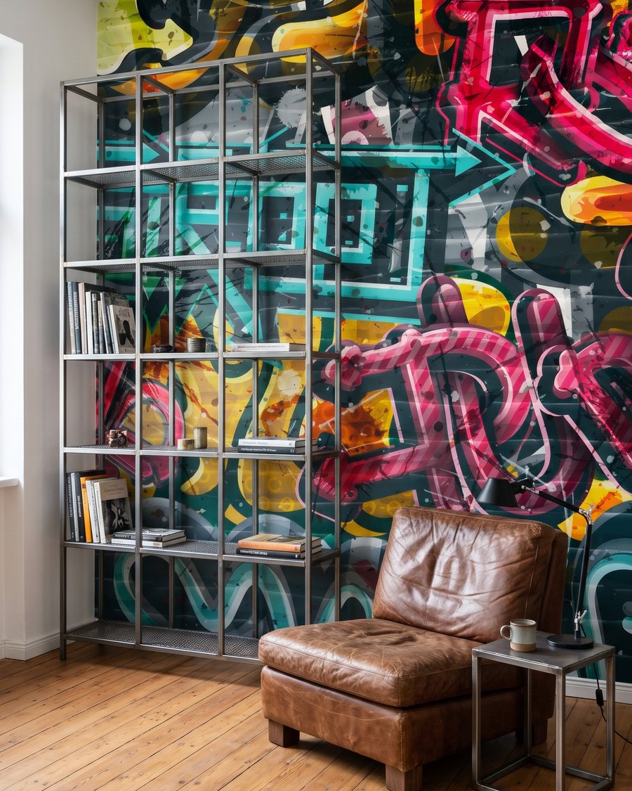 Graffitikkel teli fal — lakásbelső 3