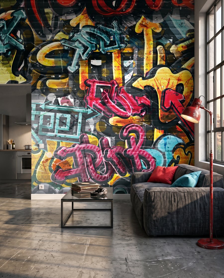 Graffitikkel teli fal — lakásbelső 5