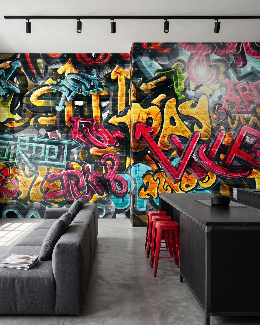 Graffitikkel teli fal egy belső térben