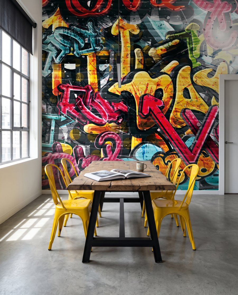 Graffitikkel teli fal — lakásbelső 4