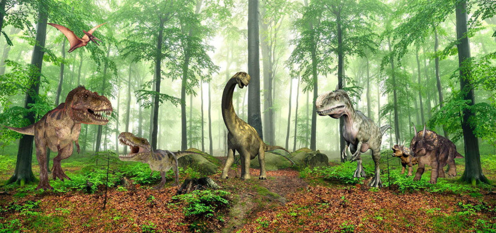 Dinoszauruszok napos erdőben — teljes motívum