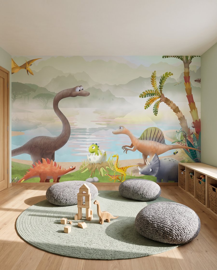 Dinoszauruszok a tó partján egy belső térben