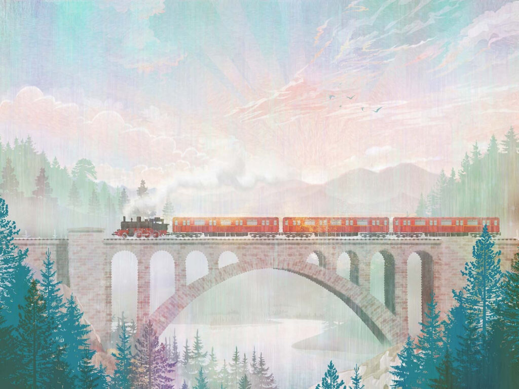 Vonat íves viaduktón — teljes motívum