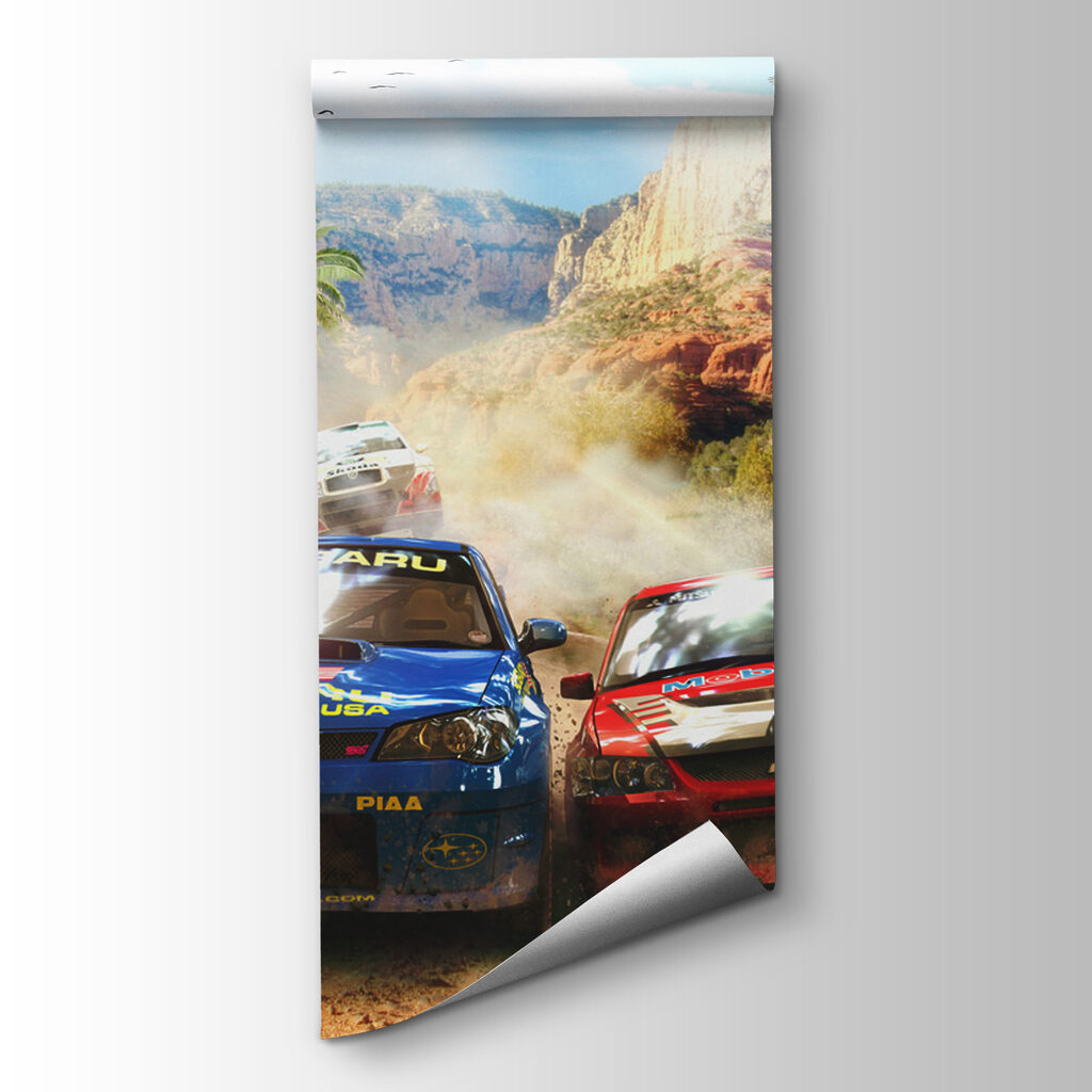 Ralliautók poros erdőúton — termékábrázolás