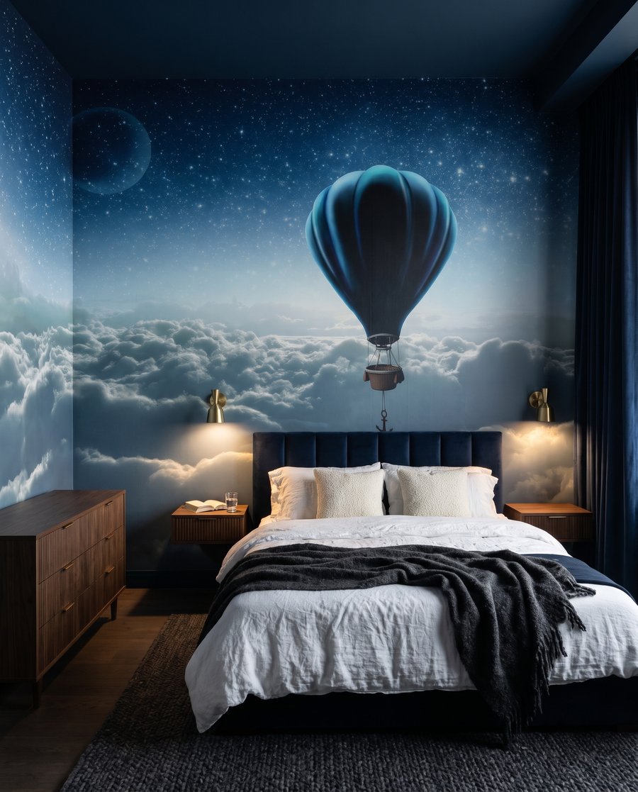 Hőlégballon a csillagok alatt egy belső térben