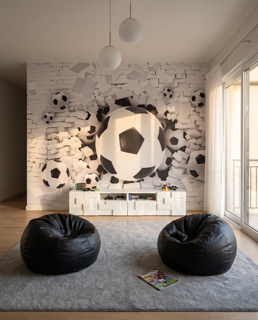 Futballabdák fehér falon át egy belső térben