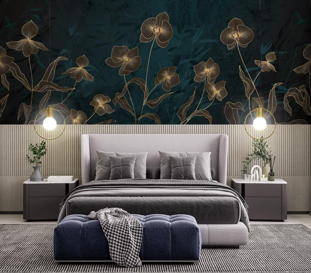 Aranyvonalas virágok petrolkékben — lakásbelső 1