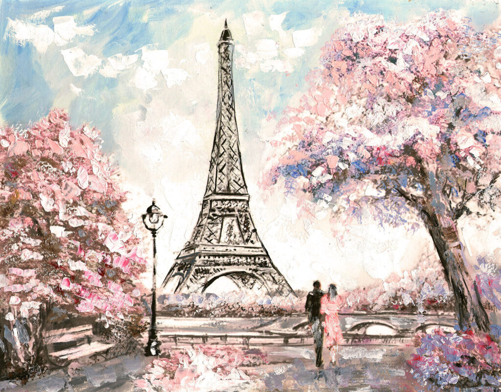 Eiffel-torony virágzó fák között — teljes motívum