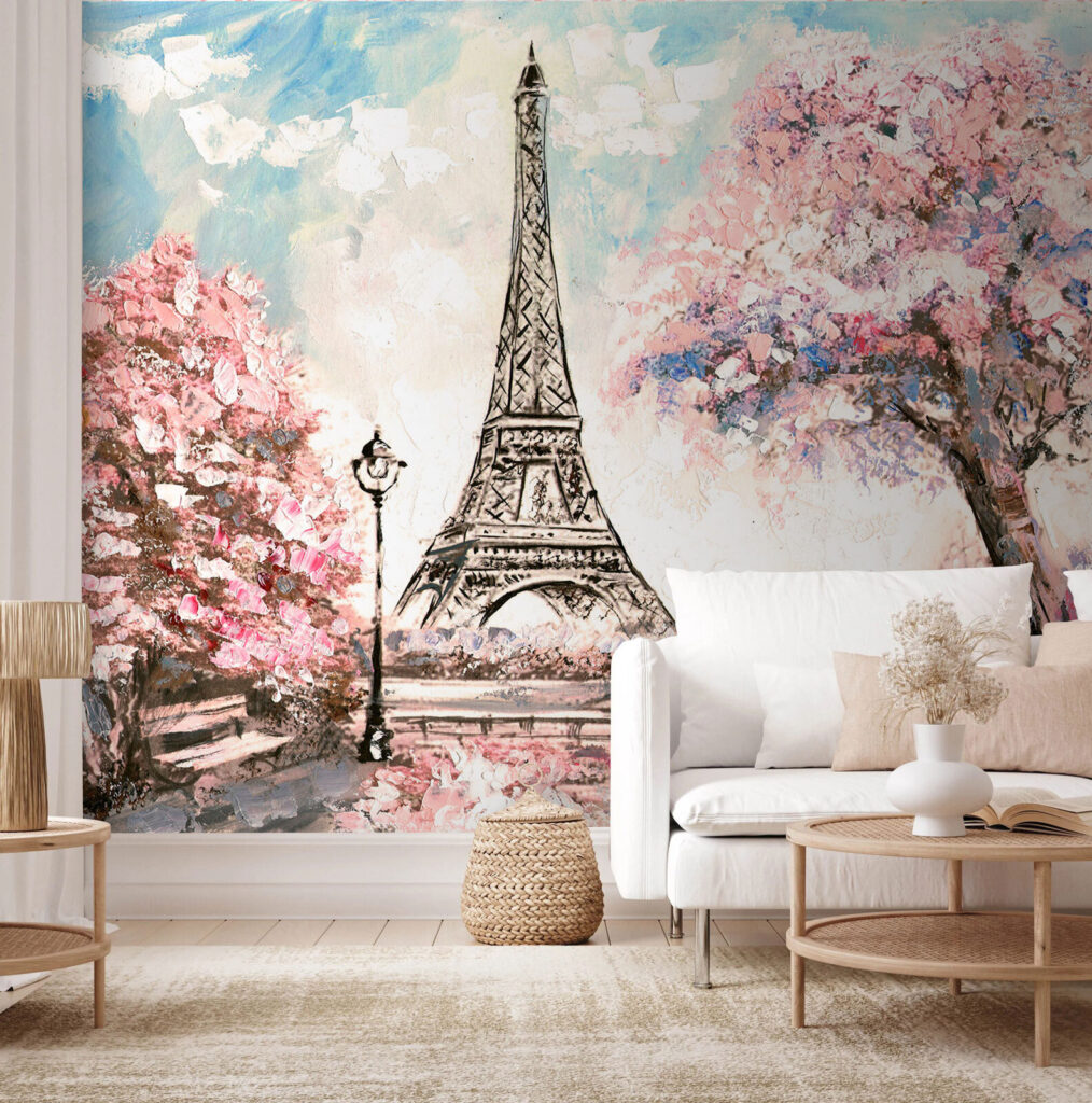 Eiffel-torony virágzó fák között — lakásbelső 1