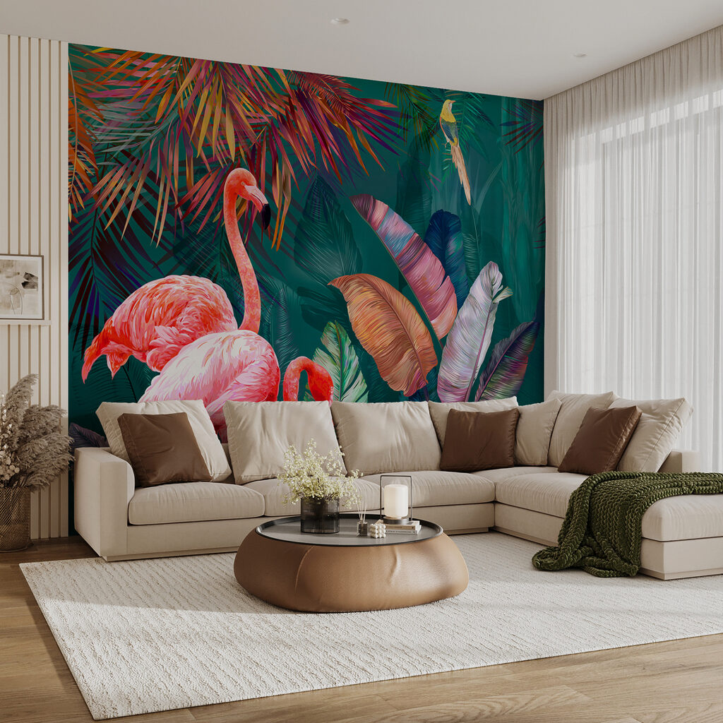 Flamingók színes levelek között — lakásbelső 2