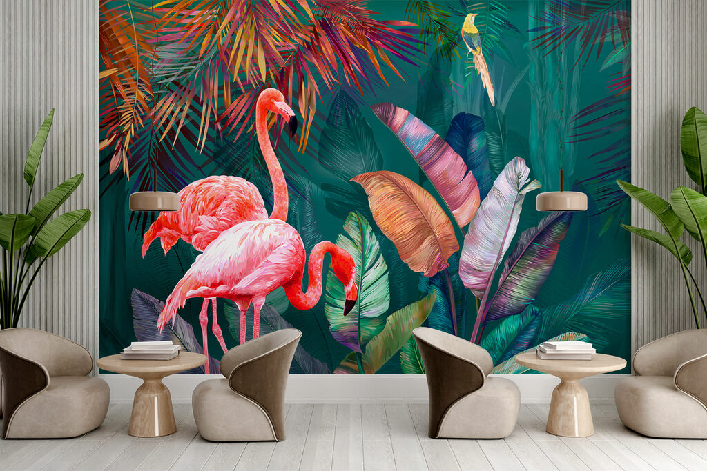 Flamingók színes levelek között — lakásbelső 3