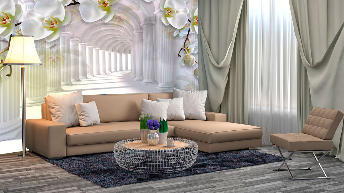 Orchideák fehér oszlopsor felett — lakásbelső 1