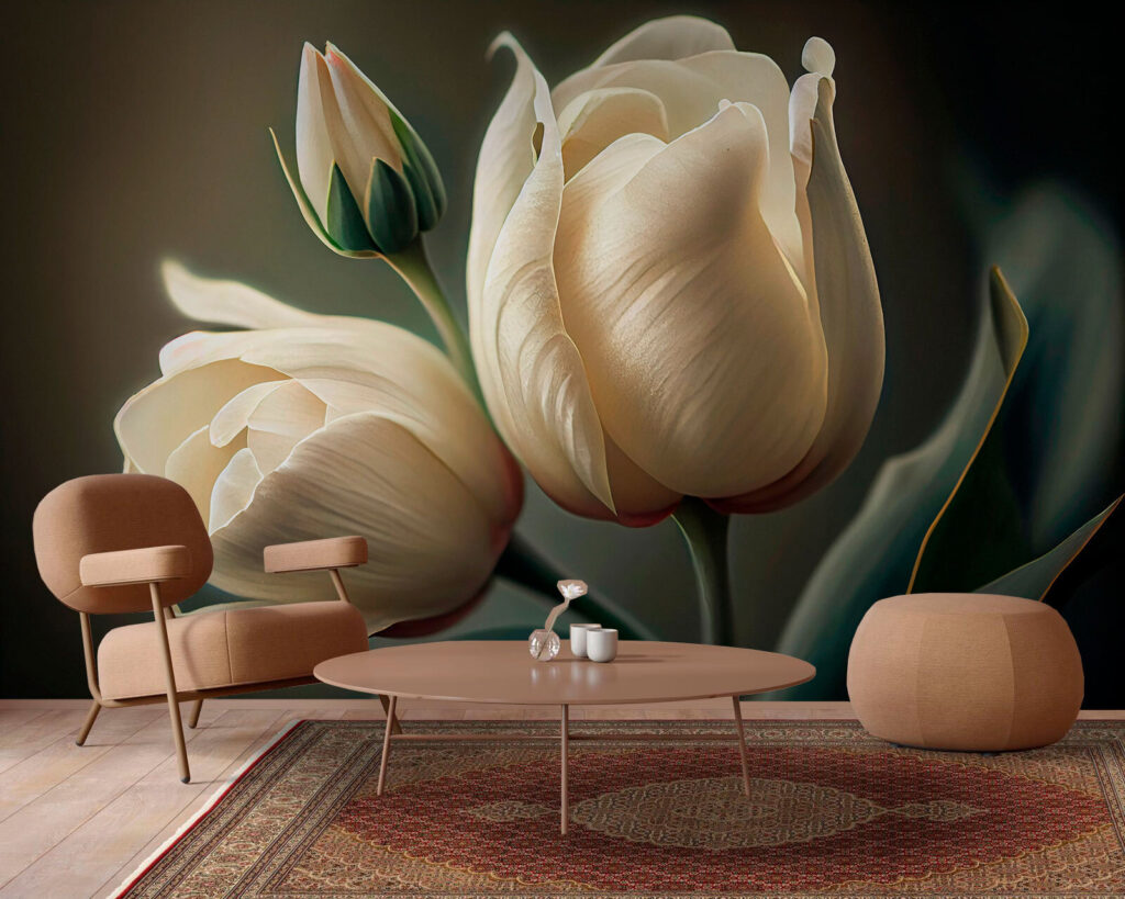 Krémfehér tulipánok árnyékban — lakásbelső 3