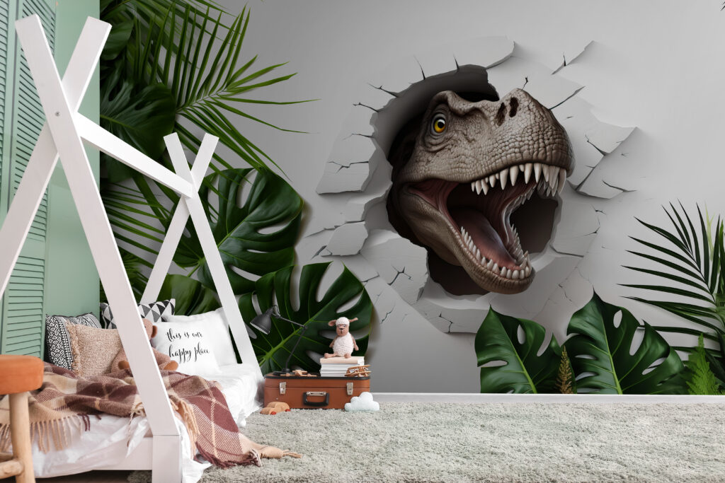Dinoszaurusz zöld levelek között egy belső térben