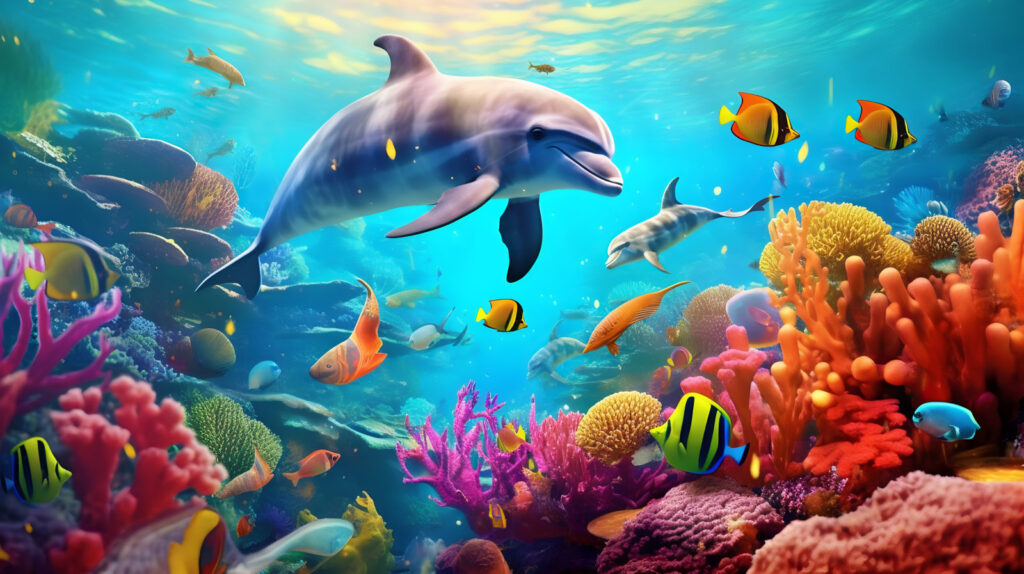 Delfin színes korallok között — teljes motívum