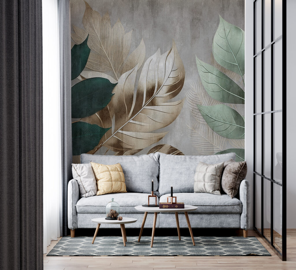 Zöld levelek szürke háttéren — lakásbelső 4